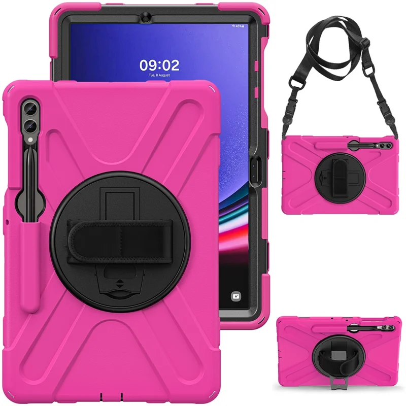 For Samsung Galaxy Tab S10 FE / S10+ X826 / S9 FE+ / S9+ / S8+ / S7 FE / S7+ PC+Silicone Tablet Case Kickstand with Shoulder Strap - Rose / Black