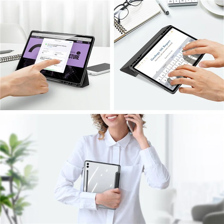 DUX DUCIS TOBY Series Para Samsung Galaxy Tab S9 FE+ Tablet Capa de Couro Tri-fold Stand com Slot para Caneta - Preto