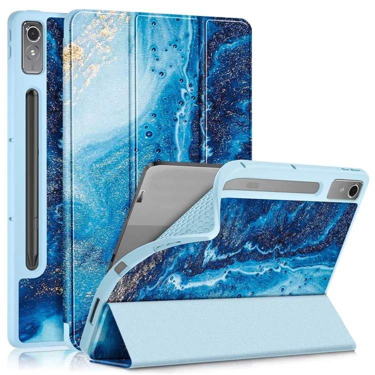 Para o Lenovo Lenovo Tab P12 TB371FC, Capa Protetora de Tablet com Impressão de Padrão, Suporte Dobrável em Três Partes, Couro PU + TPU - Onda do Mar