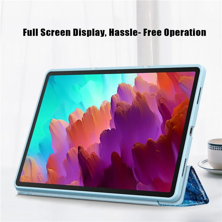 Para o Lenovo Lenovo Tab P12 TB371FC, Capa Protetora de Tablet com Impressão de Padrão, Suporte Dobrável em Três Partes, Couro PU + TPU - Onda do Mar