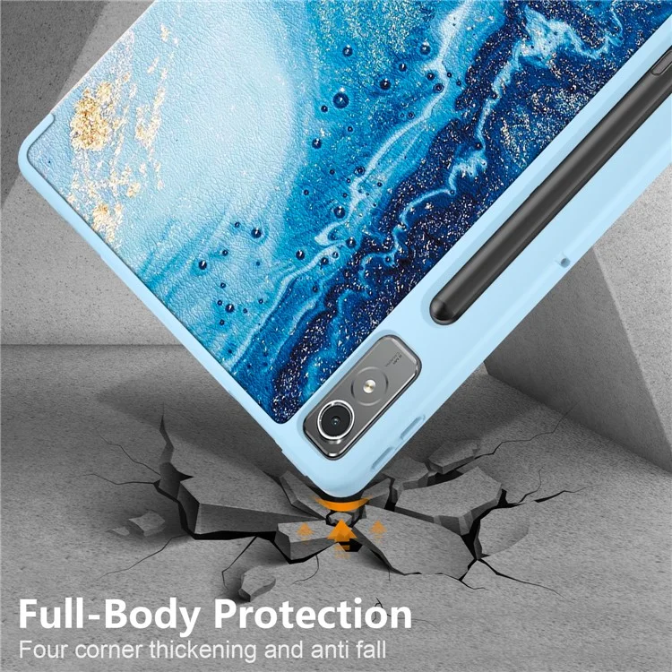 Para o Lenovo Lenovo Tab P12 TB371FC, Capa Protetora de Tablet com Impressão de Padrão, Suporte Dobrável em Três Partes, Couro PU + TPU - Onda do Mar
