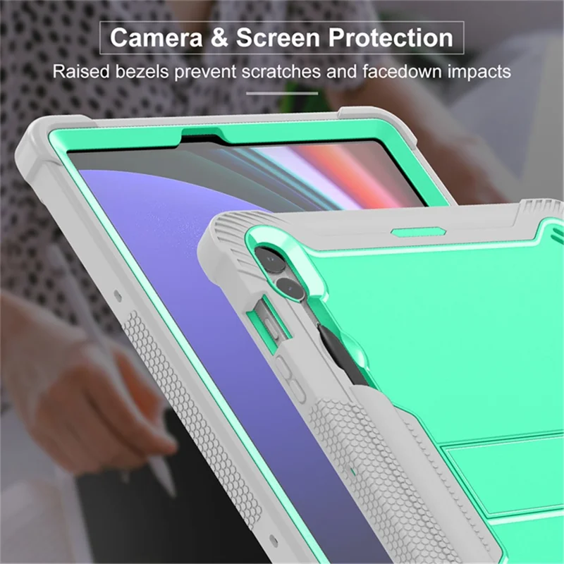 Kickstand Case for Samsung Galaxy Tab S9+ , Shockproof Silicone + PC Tablet Cover - Grey+Mint Green