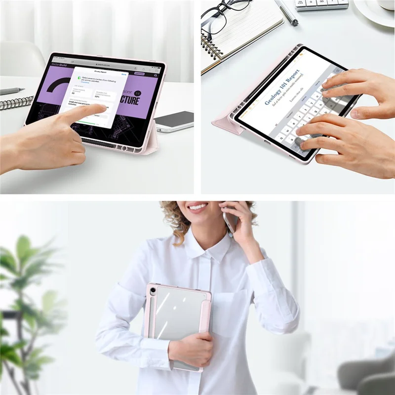DUX DUCIS TOBY Series For Samsung Galaxy Tab S10 Lite / S10 FE / S9 FE / S9 Tablet Leather Case Tri-Fold Stand Pen Slot Cover - Light Pink