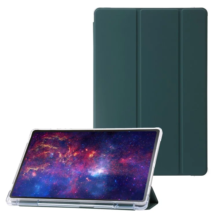 Para Samsung Galaxy Tab S9+ Tri-fold Stand Smart Cover PU Leather+Acrylic+TPU Transparent Tablet Case - Midnight Green