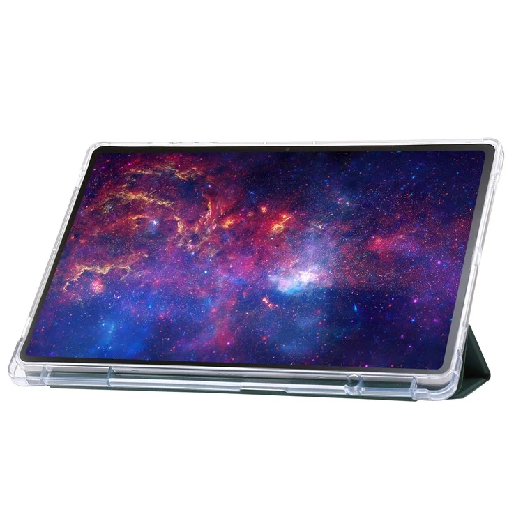 Para Samsung Galaxy Tab S9+ Tri-fold Stand Smart Cover PU Leather+Acrylic+TPU Transparent Tablet Case - Midnight Green