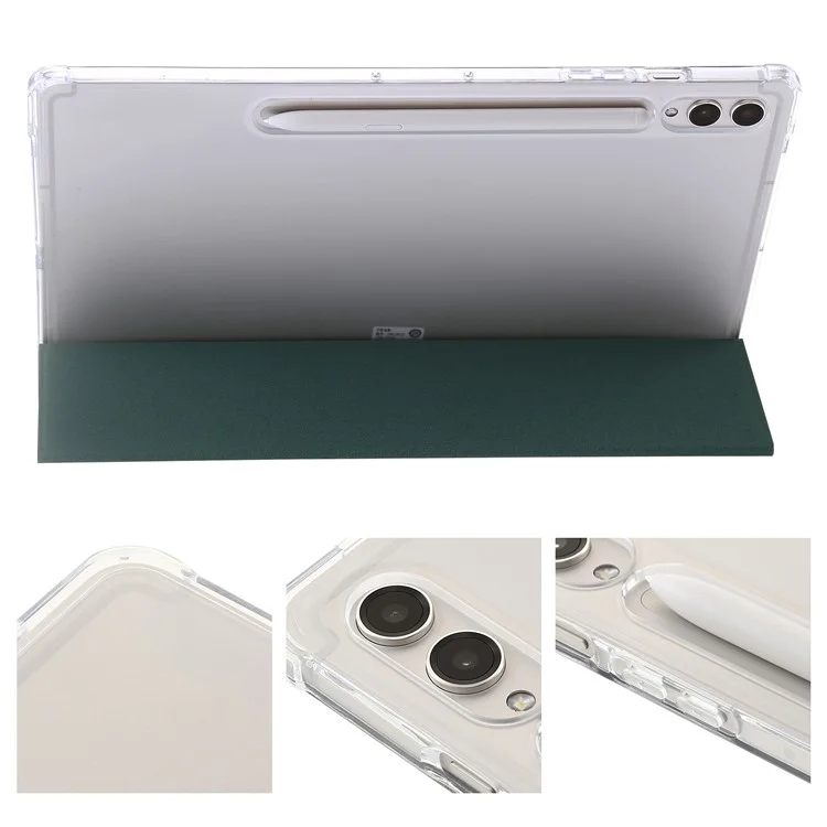 Para Samsung Galaxy Tab S9+ Tri-fold Stand Smart Cover PU Leather+Acrylic+TPU Transparent Tablet Case - Midnight Green