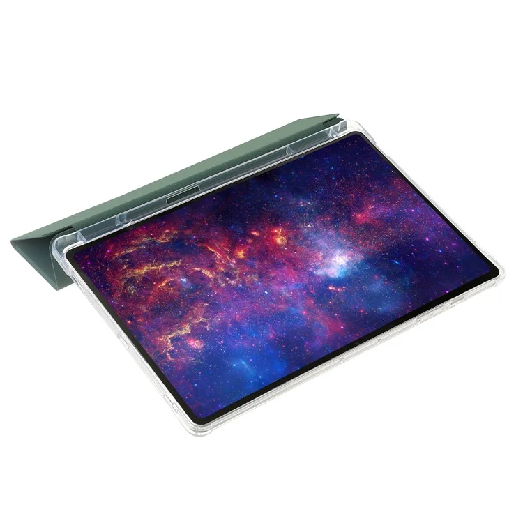 Para Samsung Galaxy Tab S9+ Tri-fold Stand Smart Cover PU Leather+Acrylic+TPU Transparent Tablet Case - Midnight Green