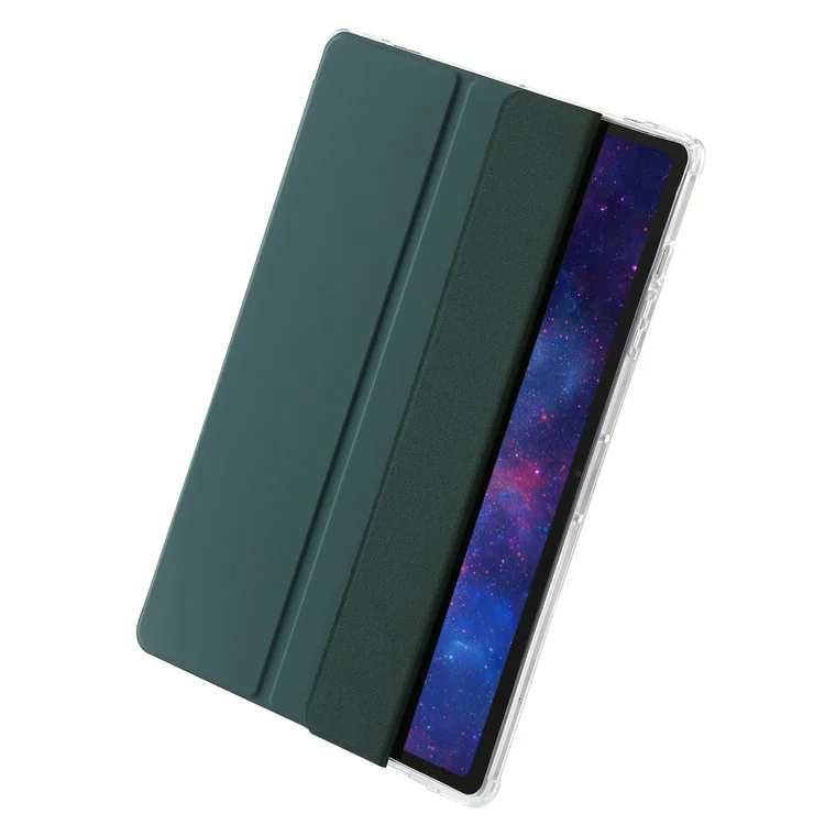 Para Samsung Galaxy Tab S9+ Tri-fold Stand Smart Cover PU Leather+Acrylic+TPU Transparent Tablet Case - Midnight Green