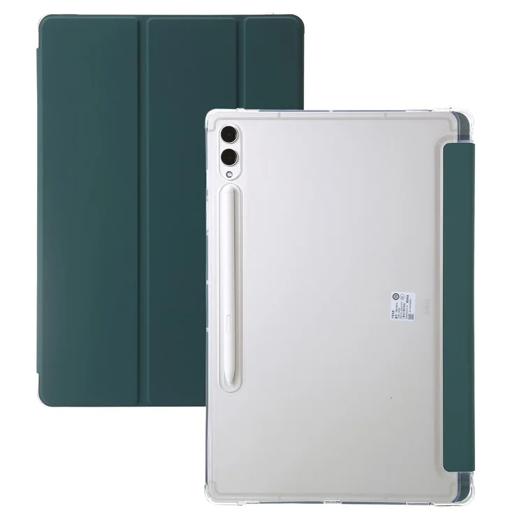 Para Samsung Galaxy Tab S9+ Tri-fold Stand Smart Cover PU Leather+Acrylic+TPU Transparent Tablet Case - Midnight Green
