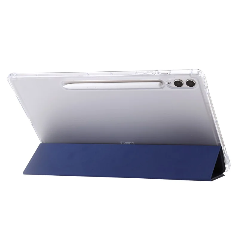 For Samsung Galaxy Tab S9+ Tri-fold Stand Smart Cover PU Leather+Acrylic+TPU Transparent Tablet Case - Dark Blue