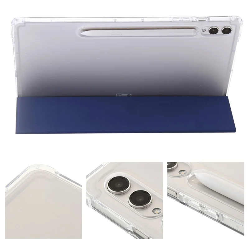 For Samsung Galaxy Tab S9+ Tri-fold Stand Smart Cover PU Leather+Acrylic+TPU Transparent Tablet Case - Dark Blue