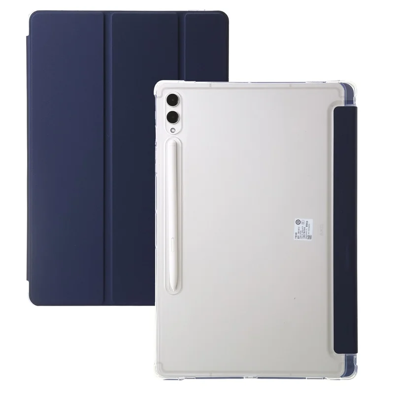 For Samsung Galaxy Tab S9+ Tri-fold Stand Smart Cover PU Leather+Acrylic+TPU Transparent Tablet Case - Dark Blue
