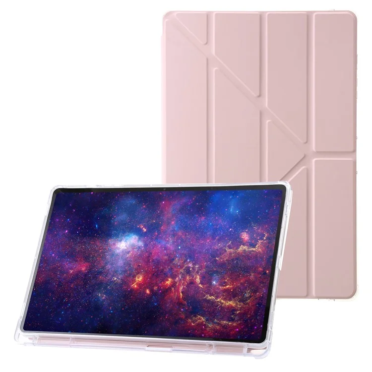 Per Samsung Galaxy Tab S9+ Origami Tri-fold Stand Cover PU Leather+Acrylic+TPU Auto Wake / Sleep Tablet Case - Rosa