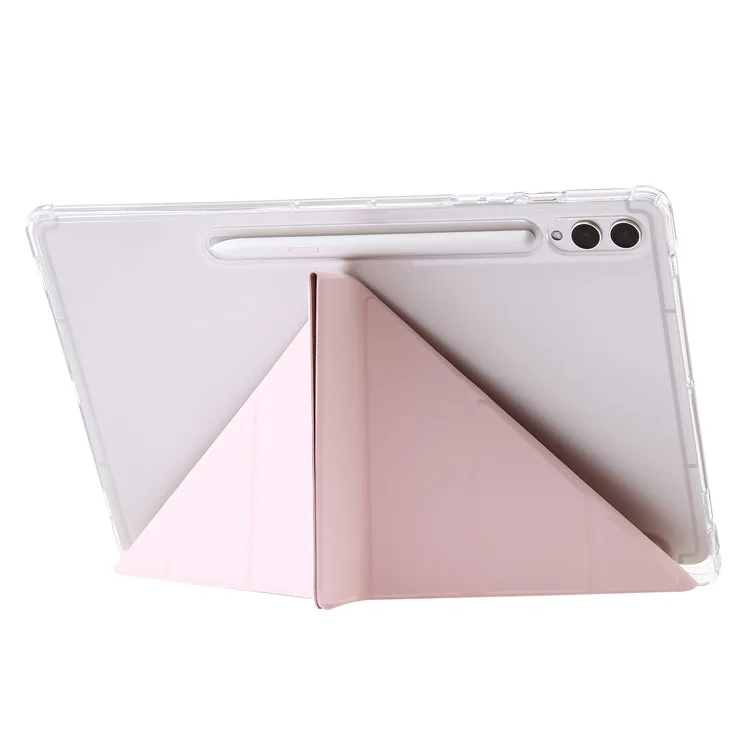 Per Samsung Galaxy Tab S9+ Origami Tri-fold Stand Cover PU Leather+Acrylic+TPU Auto Wake / Sleep Tablet Case - Rosa