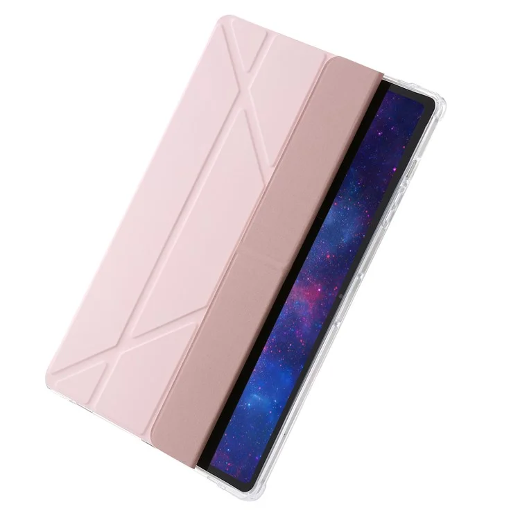 Per Samsung Galaxy Tab S9+ Origami Tri-fold Stand Cover PU Leather+Acrylic+TPU Auto Wake / Sleep Tablet Case - Rosa