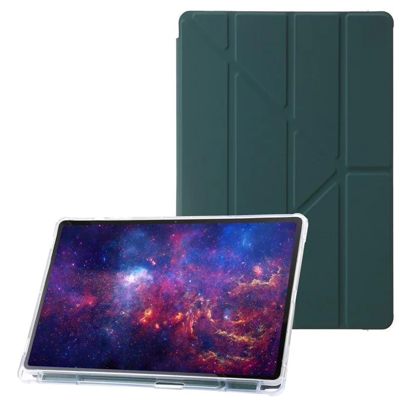 For Samsung Galaxy Tab S9+ Origami Tri-fold Stand Cover PU Leather+Acrylic+TPU Auto Wake / Sleep Tablet Case - Midnight Green