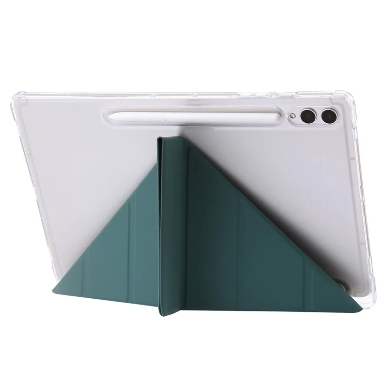 For Samsung Galaxy Tab S9+ Origami Tri-fold Stand Cover PU Leather+Acrylic+TPU Auto Wake / Sleep Tablet Case - Midnight Green