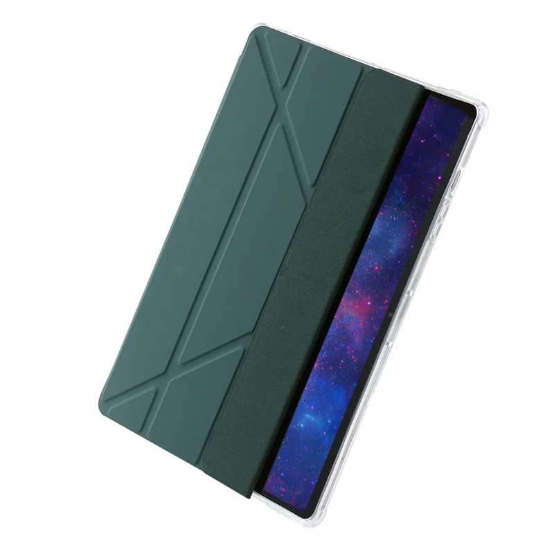 For Samsung Galaxy Tab S9+ Origami Tri-fold Stand Cover PU Leather+Acrylic+TPU Auto Wake / Sleep Tablet Case - Midnight Green
