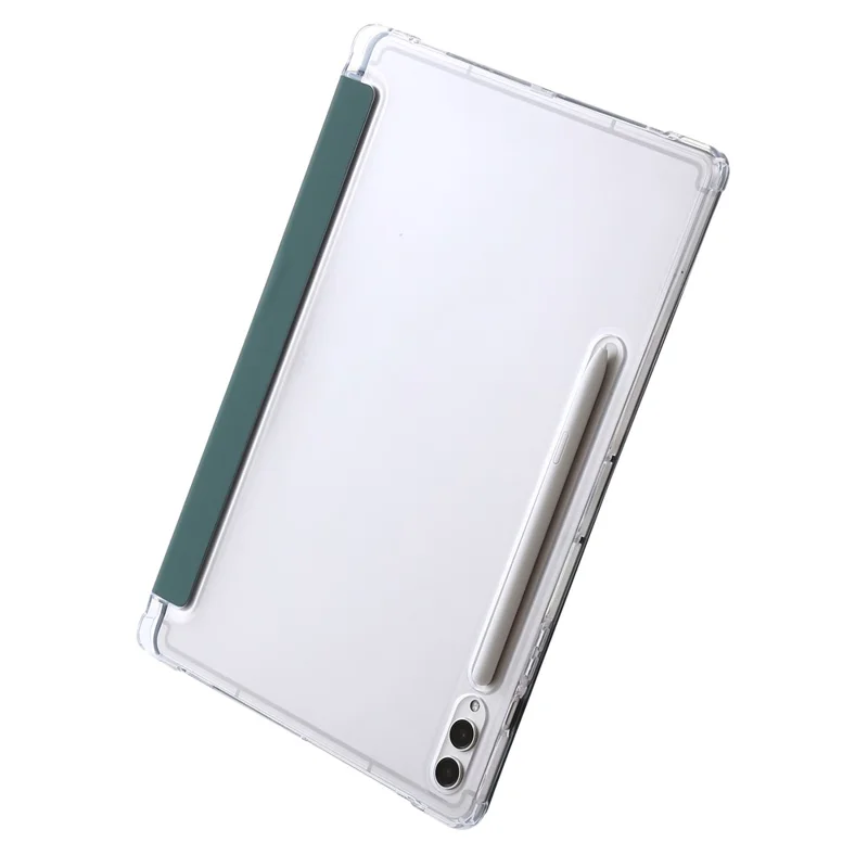 For Samsung Galaxy Tab S9+ Origami Tri-fold Stand Cover PU Leather+Acrylic+TPU Auto Wake / Sleep Tablet Case - Midnight Green