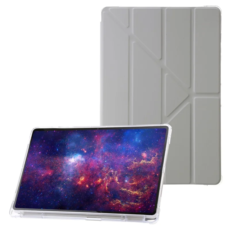 For Samsung Galaxy Tab S9+ Origami Tri-fold Stand Cover PU Leather+Acrylic+TPU Auto Wake / Sleep Tablet Case - Grey