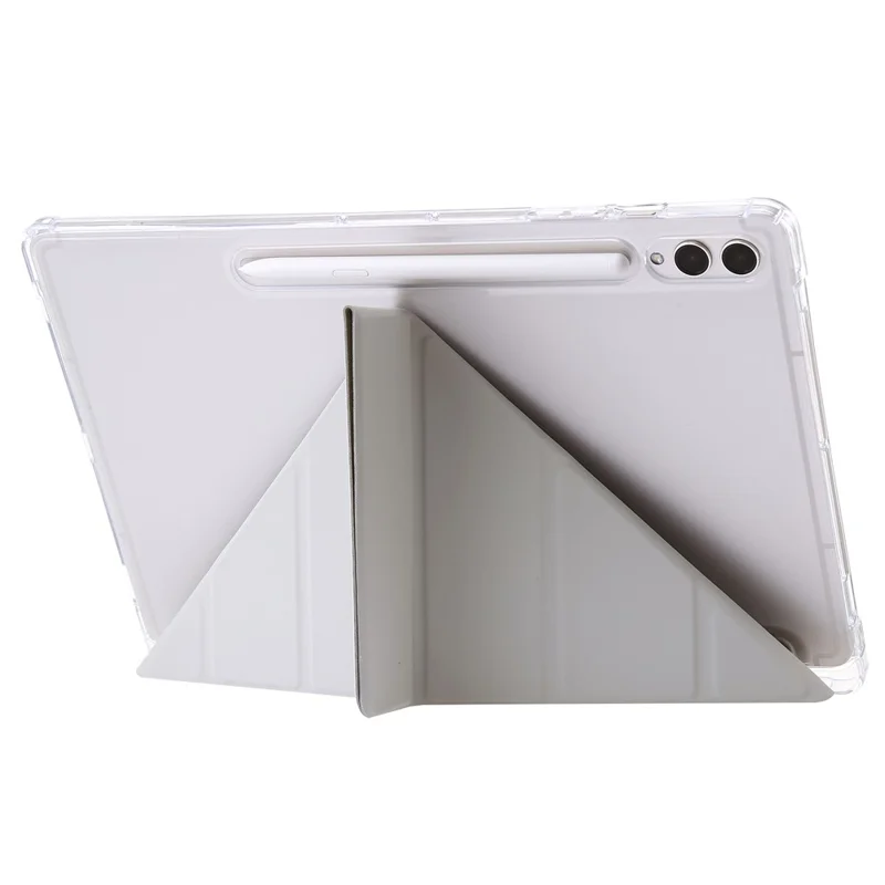 For Samsung Galaxy Tab S9+ Origami Tri-fold Stand Cover PU Leather+Acrylic+TPU Auto Wake / Sleep Tablet Case - Grey