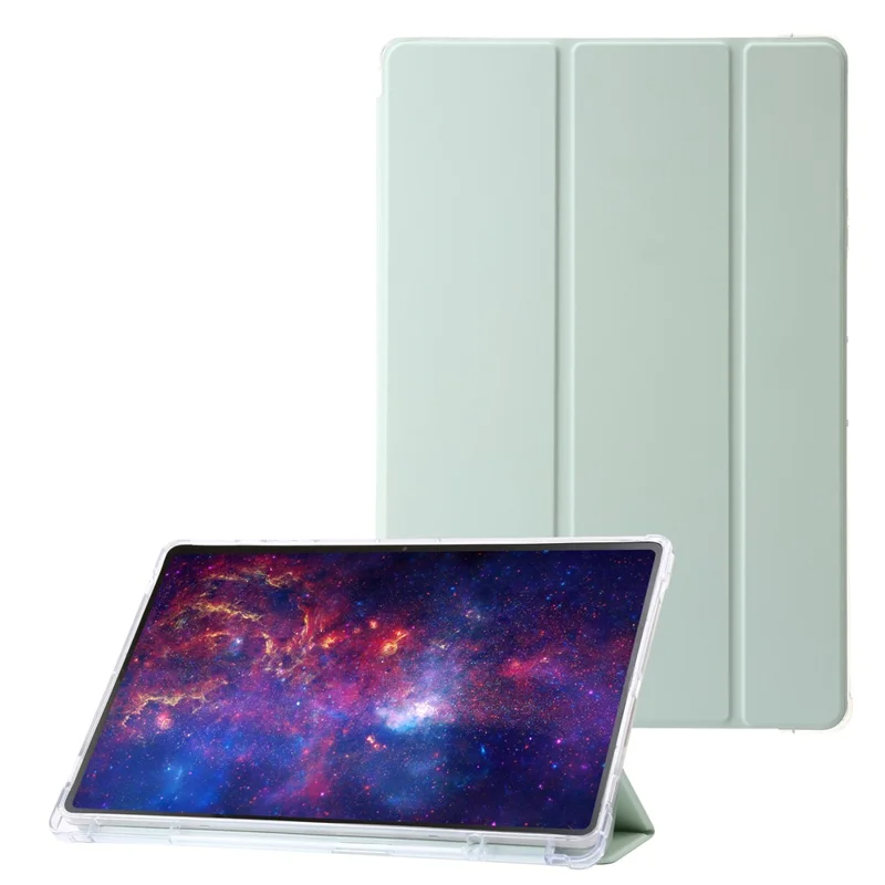 Für Samsung Galaxy Tab S9 Ultra Dreifach-Klapp-Stand-Folio-Smartcase aus PU-Leder+Acryl+TPU, transparente Tablet-Hülle - Matcha-Grün