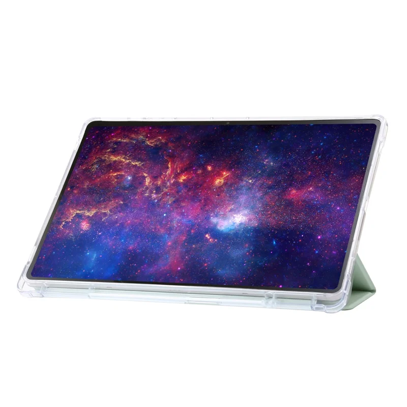 Für Samsung Galaxy Tab S9 Ultra Dreifach-Klapp-Stand-Folio-Smartcase aus PU-Leder+Acryl+TPU, transparente Tablet-Hülle - Matcha-Grün
