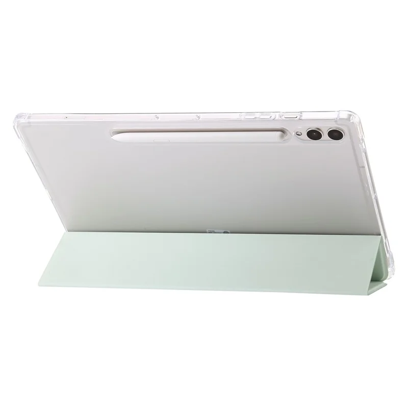 Für Samsung Galaxy Tab S9 Ultra Dreifach-Klapp-Stand-Folio-Smartcase aus PU-Leder+Acryl+TPU, transparente Tablet-Hülle - Matcha-Grün