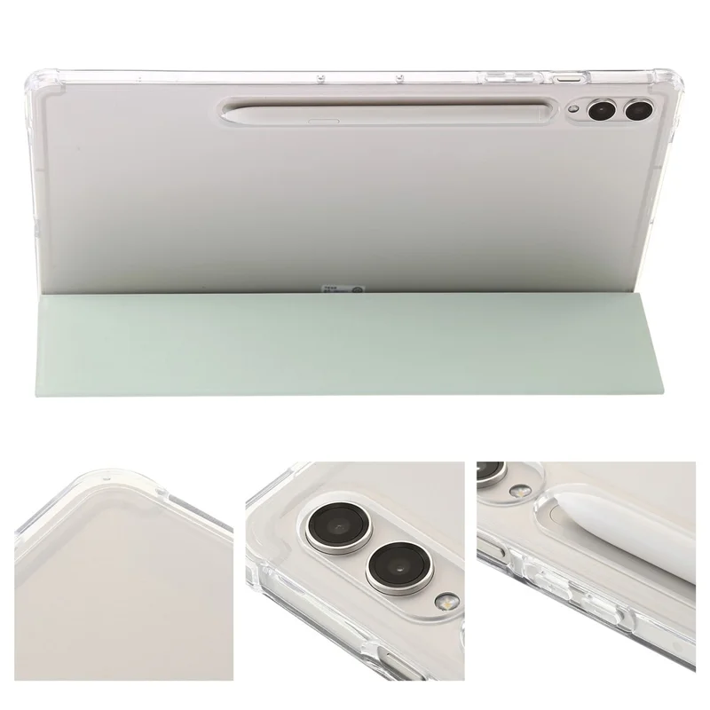 Für Samsung Galaxy Tab S9 Ultra Dreifach-Klapp-Stand-Folio-Smartcase aus PU-Leder+Acryl+TPU, transparente Tablet-Hülle - Matcha-Grün