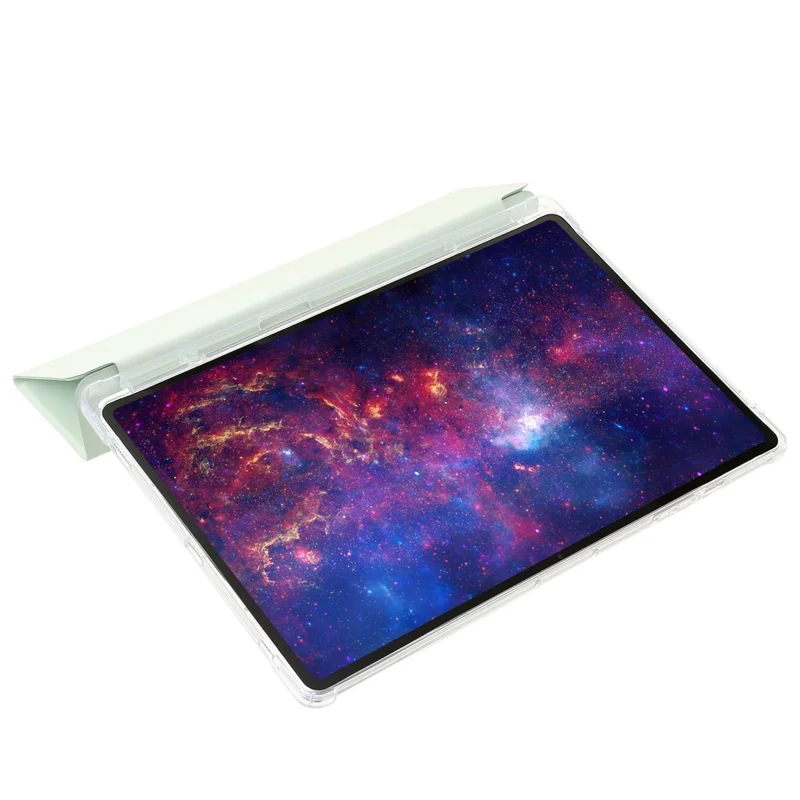 Für Samsung Galaxy Tab S9 Ultra Dreifach-Klapp-Stand-Folio-Smartcase aus PU-Leder+Acryl+TPU, transparente Tablet-Hülle - Matcha-Grün