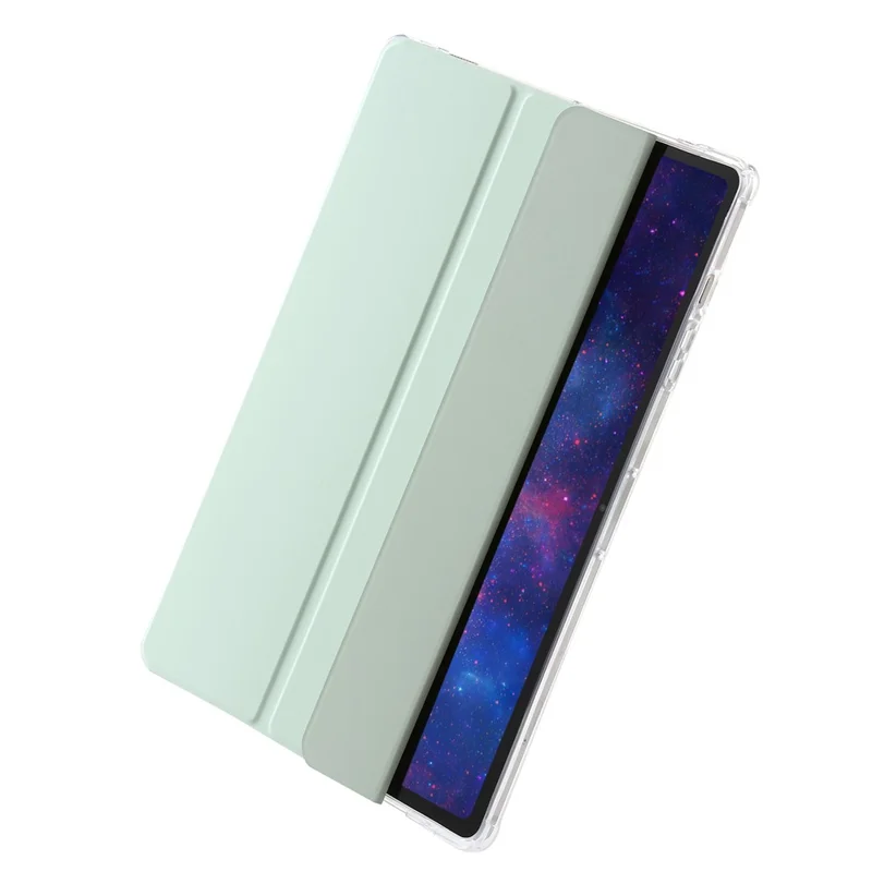 Für Samsung Galaxy Tab S9 Ultra Dreifach-Klapp-Stand-Folio-Smartcase aus PU-Leder+Acryl+TPU, transparente Tablet-Hülle - Matcha-Grün