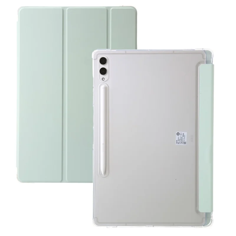 Für Samsung Galaxy Tab S9 Ultra Dreifach-Klapp-Stand-Folio-Smartcase aus PU-Leder+Acryl+TPU, transparente Tablet-Hülle - Matcha-Grün