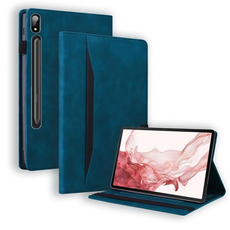 Для Samsung Galaxy Tab S9 Ultra PU Leather Tablet Wallet Cover Pencil Holder Loop Tablet Case with Stand - Blue