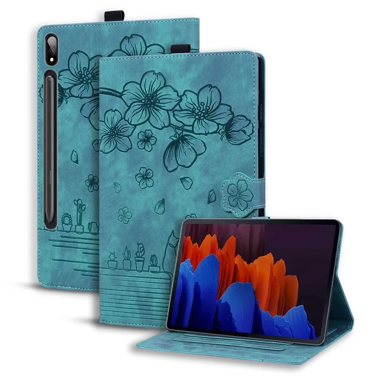 Чехол-книжка из искусственной кожи с держателем для карт для Samsung Galaxy Tab S9+ с цветочным и кошачьим принтом - Зеленый