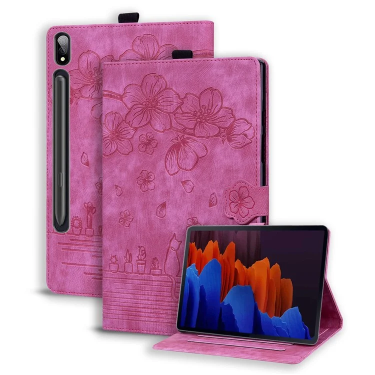 Pour Samsung Galaxy Tab S9 Ultra Étui de couverture en cuir avec support Fleur Chat imprimé Étui de tablette avec fentes pour cartes - Rose