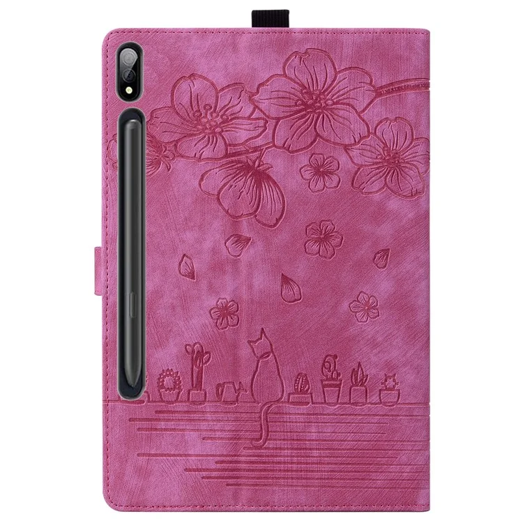 Pour Samsung Galaxy Tab S9 Ultra Étui de couverture en cuir avec support Fleur Chat imprimé Étui de tablette avec fentes pour cartes - Rose