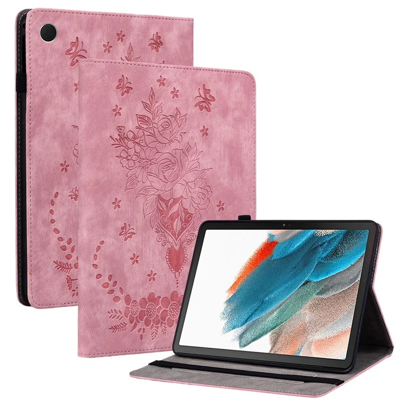 For Samsung Galaxy Tab A9+ PU Leather Card Holder Tablet Cover Butterfly Rose Imprinted Stand Case - Pink
