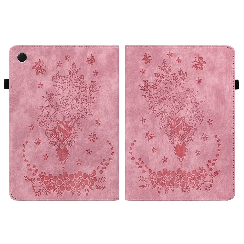For Samsung Galaxy Tab A9+ PU Leather Card Holder Tablet Cover Butterfly Rose Imprinted Stand Case - Pink