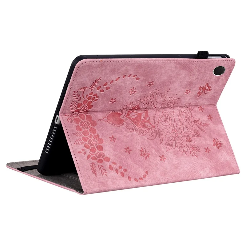 For Samsung Galaxy Tab A9+ PU Leather Card Holder Tablet Cover Butterfly Rose Imprinted Stand Case - Pink