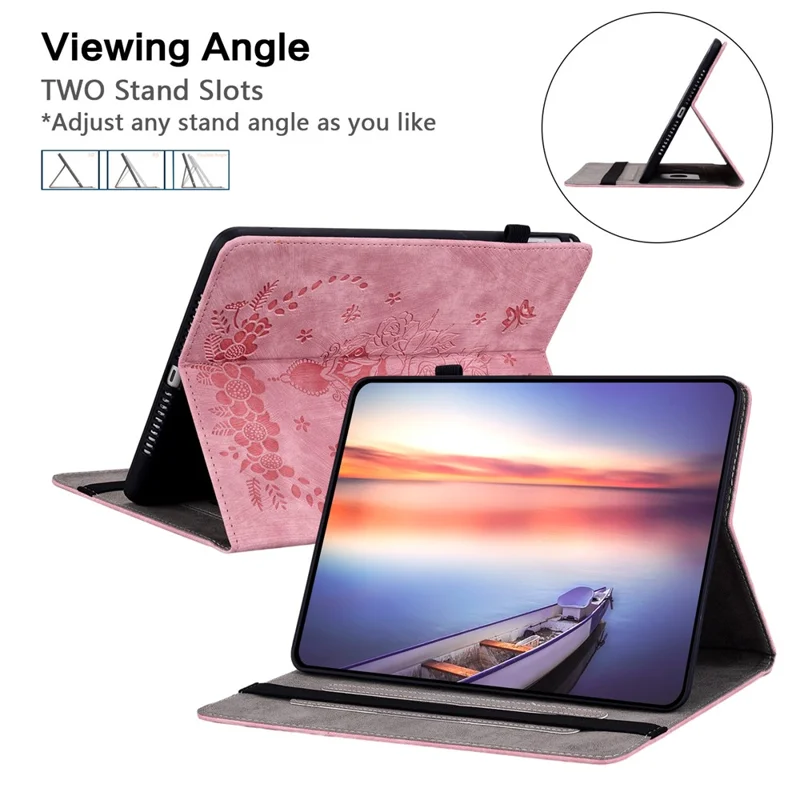 For Samsung Galaxy Tab A9+ PU Leather Card Holder Tablet Cover Butterfly Rose Imprinted Stand Case - Pink