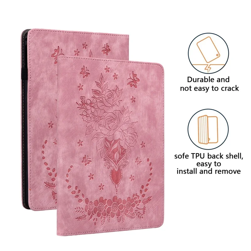 For Samsung Galaxy Tab A9+ PU Leather Card Holder Tablet Cover Butterfly Rose Imprinted Stand Case - Pink