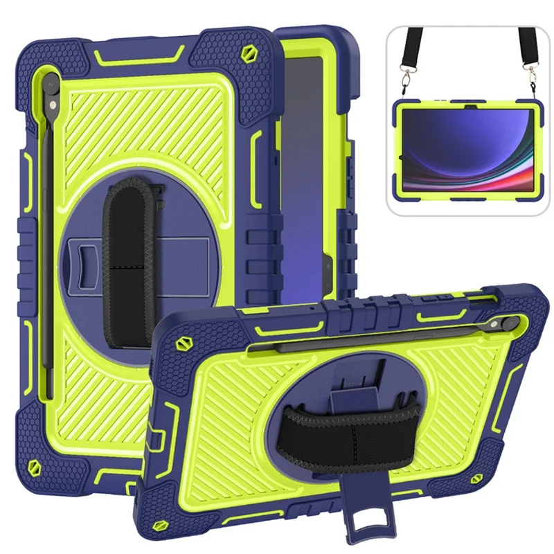 Shockproof Case for Samsung Galaxy Tab S9 Kickstand Silicone+PC Tablet Cover with Wrist Band / Shoulder Strap - Navy Blue+Yellow Green