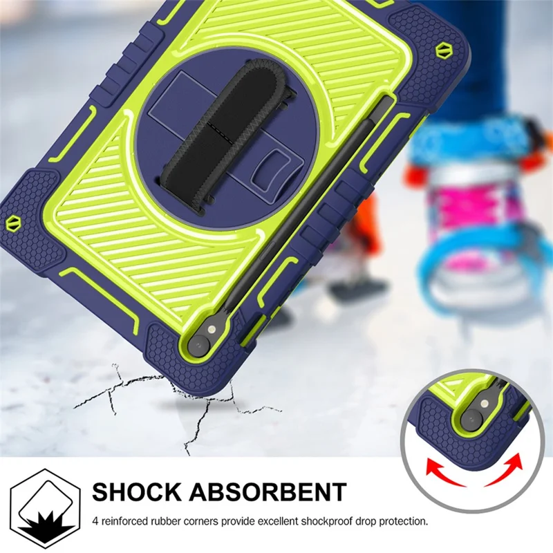 Shockproof Case for Samsung Galaxy Tab S9 Kickstand Silicone+PC Tablet Cover with Wrist Band / Shoulder Strap - Navy Blue+Yellow Green