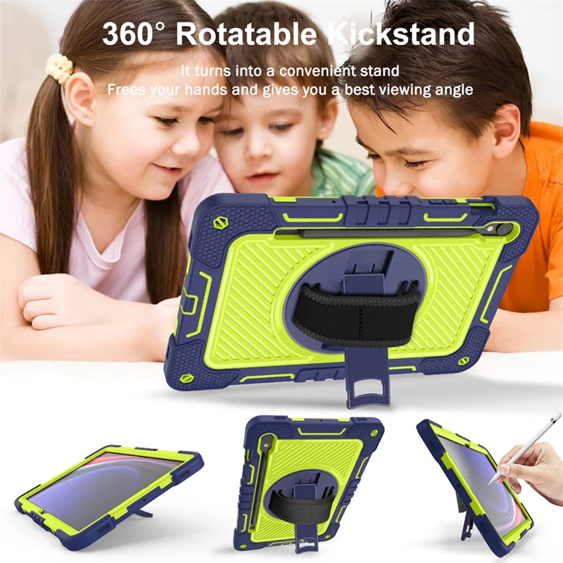 Shockproof Case for Samsung Galaxy Tab S9 Kickstand Silicone+PC Tablet Cover with Wrist Band / Shoulder Strap - Navy Blue+Yellow Green