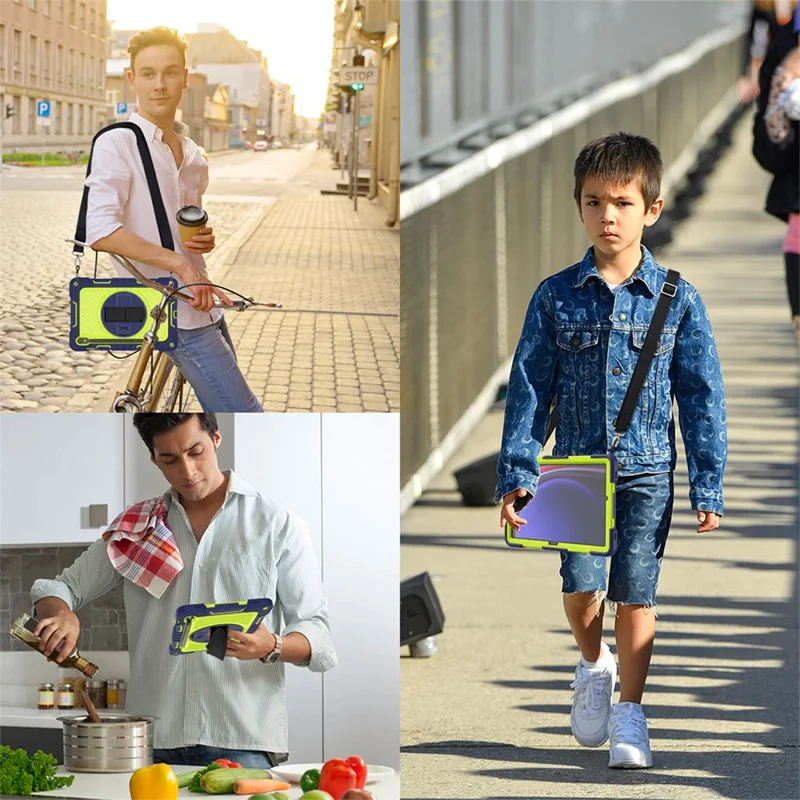 Shockproof Case for Samsung Galaxy Tab S9 Kickstand Silicone+PC Tablet Cover with Wrist Band / Shoulder Strap - Navy Blue+Yellow Green