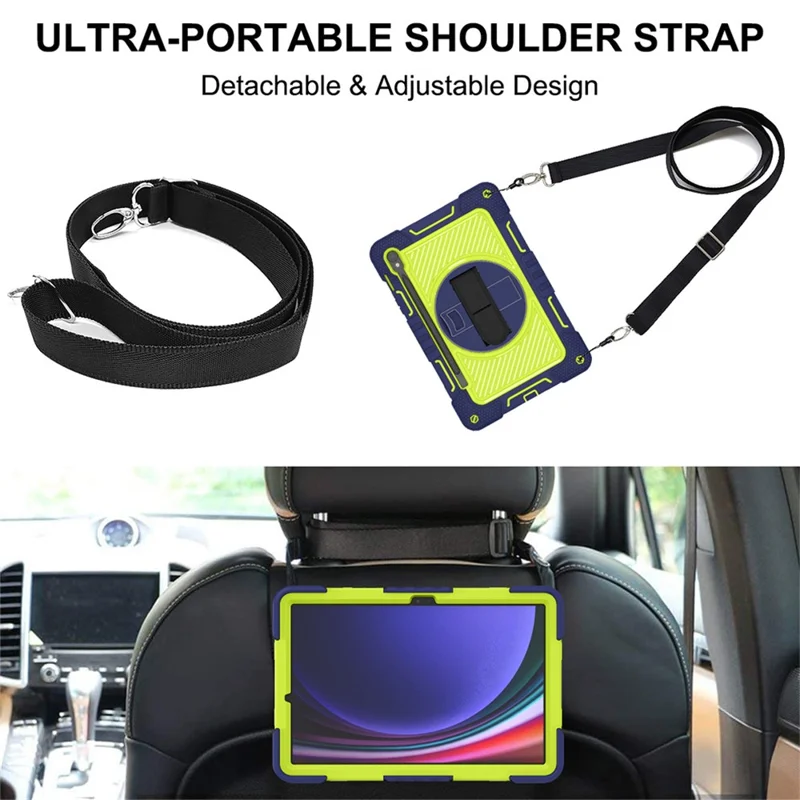 Shockproof Case for Samsung Galaxy Tab S9 Kickstand Silicone+PC Tablet Cover with Wrist Band / Shoulder Strap - Navy Blue+Yellow Green