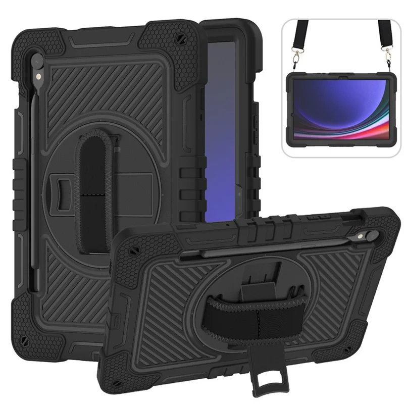Shockproof Case for Samsung Galaxy Tab S9 Kickstand Silicone+PC Tablet Cover with Wrist Band / Shoulder Strap - All Black