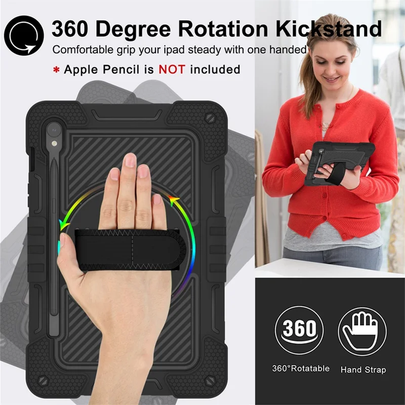 Shockproof Case for Samsung Galaxy Tab S9 Kickstand Silicone+PC Tablet Cover with Wrist Band / Shoulder Strap - All Black