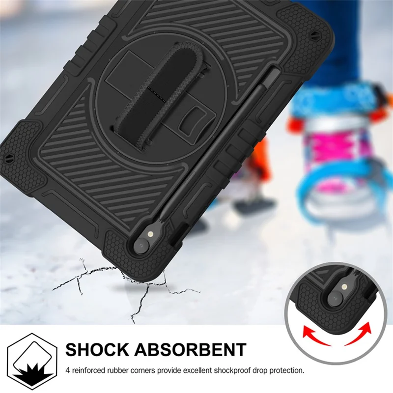 Shockproof Case for Samsung Galaxy Tab S9 Kickstand Silicone+PC Tablet Cover with Wrist Band / Shoulder Strap - All Black