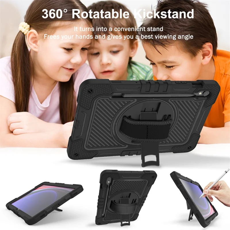 Shockproof Case for Samsung Galaxy Tab S9 Kickstand Silicone+PC Tablet Cover with Wrist Band / Shoulder Strap - All Black
